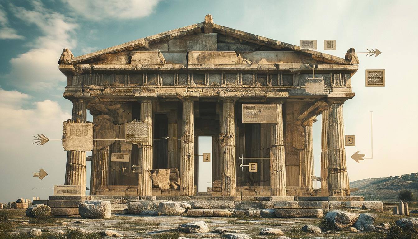 ancient greek temple overlaid with with large arrow signs