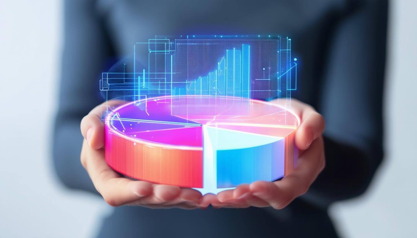 hands holding a holographic pie chart with augmented reality overlay