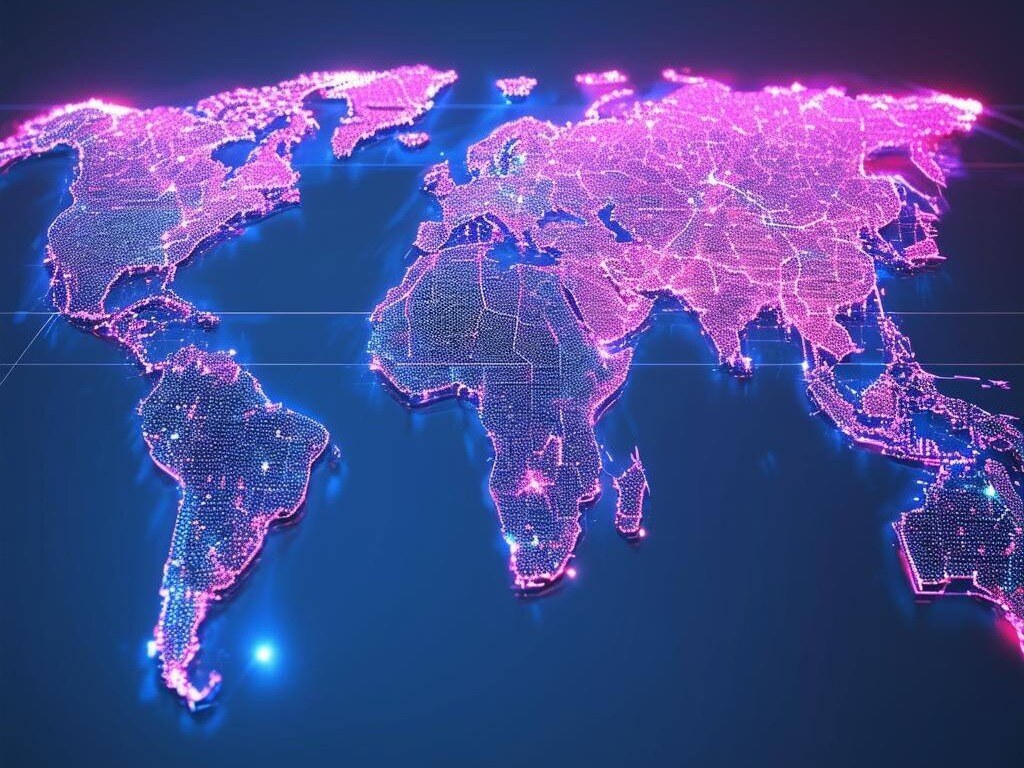 holografische Weltkarte mit Standortmarkierungen in San Francisco, München und Wien-1